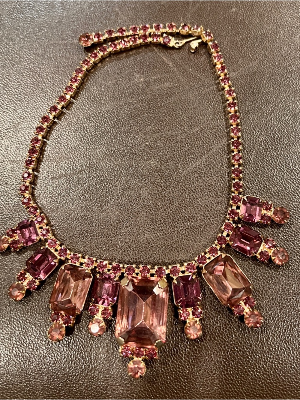 Vintage 50s Necklace Purple Rhinestones Gold Tone Hook Closure